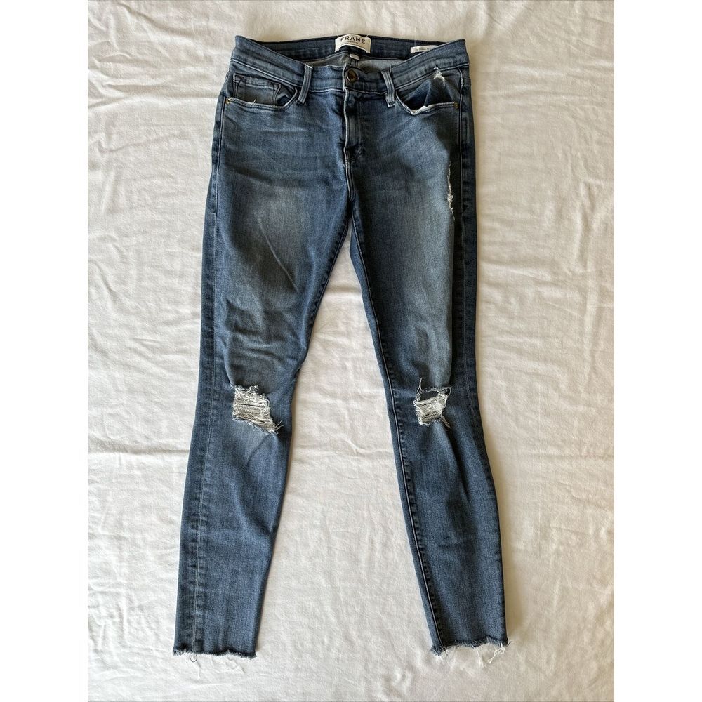 FRAME Women's Le Skinny De Jeanne Dark Wash Jeans Size 27 Distressed Stretch - Picture 2 of 12